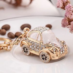 Retro White and Gold Crystal Coupe Car Keychain Charm